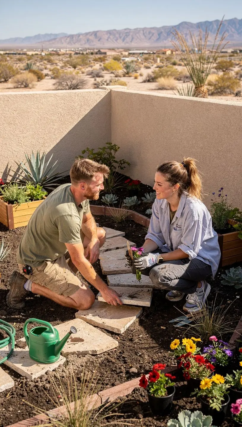 Garden soil composition with tools and plants.